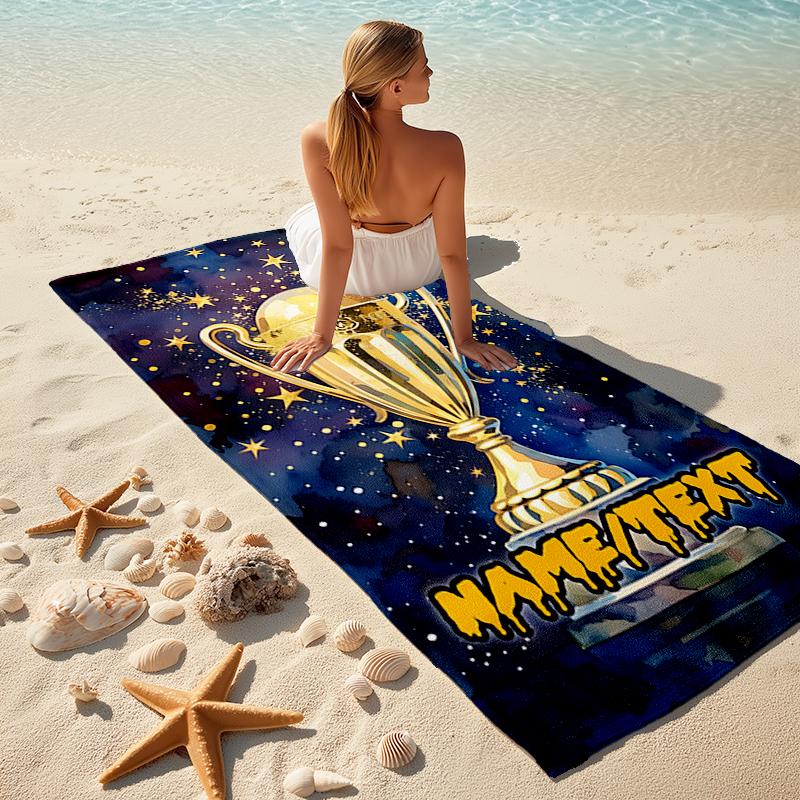 1PC Custom Name Golden Trophy Celebration Beach Towel Highly Absorbent And Sand-Resistant Towel for Swimming, Pool, Yoga, And Travel Lightweight