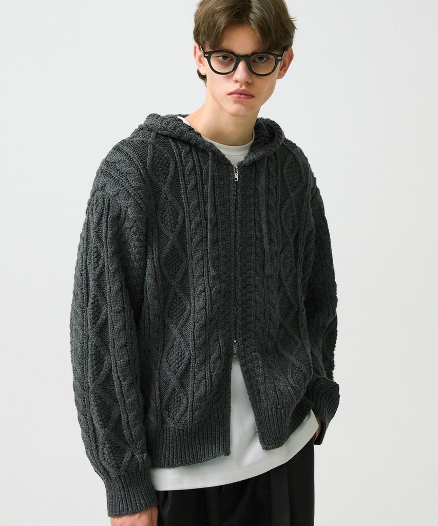 TRILLION Washable Aran Cable Hooded Zip-Up Knit (Charcoal)