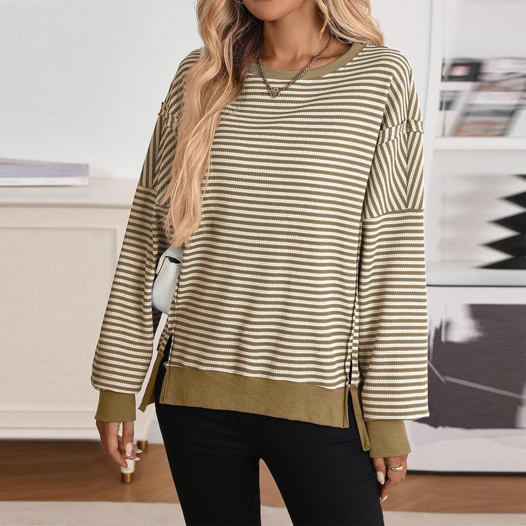 Женский лонгслив с круглым вырезом, в полоску, универсальный, повседневный, свободный