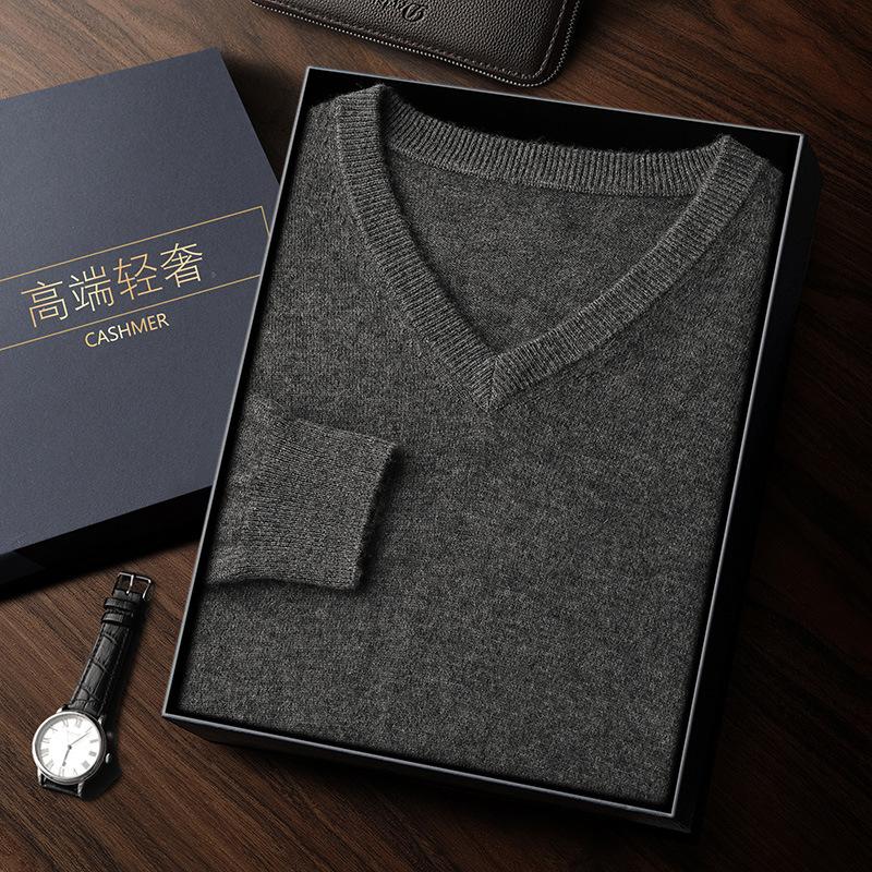 Новый однотонный кашемировый свитер с V-образным вырезом, мужской пуловер с длинным рукавом, свободный свитер с шерстяным свитером внутри