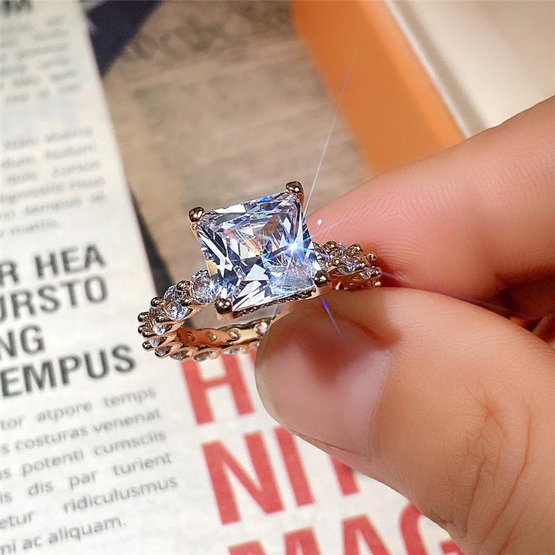 Luxury Gold Color Square Cubic Zirconia Promise Rings Trendy Wedding Engagement Accessories for Women Brilliant Jewelry