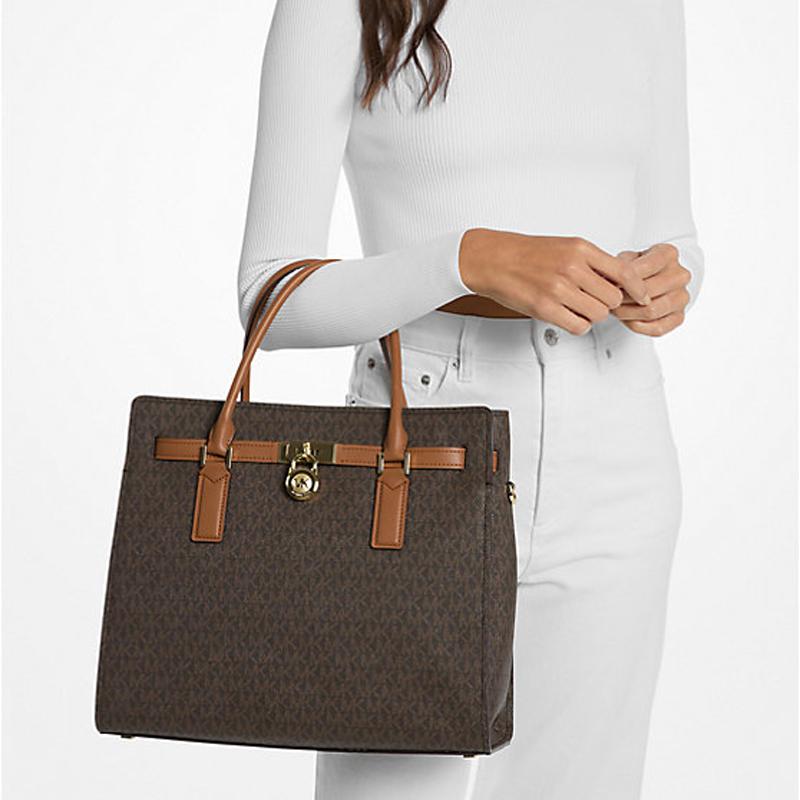 Michael Kors Hamilton Moderne Сумка-тоут с принтом для пресбиопии, металлические аксессуары, искусственная кожа, сумка через плечо, большой размер, женская, темно-коричневая