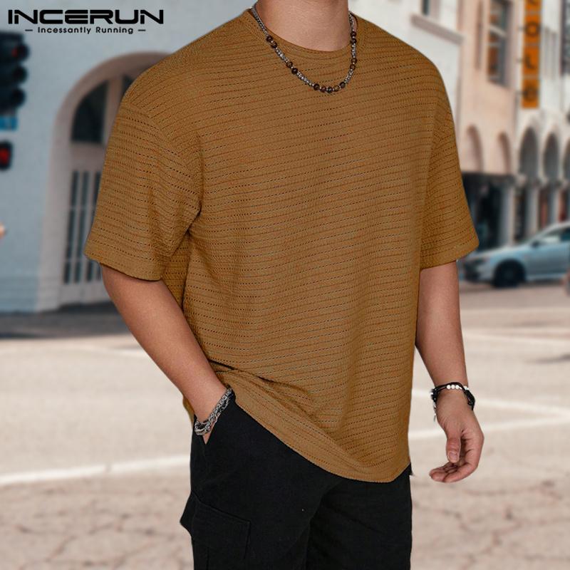 INCERUN Мужские топы с короткими рукавами и круглым вырезом, однотонные текстурированные футболки