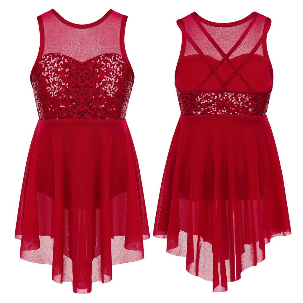 Kids Girls Sleeveless Irregular Hem Lyrical Dance Ballet Leotard Dress Performance Costume