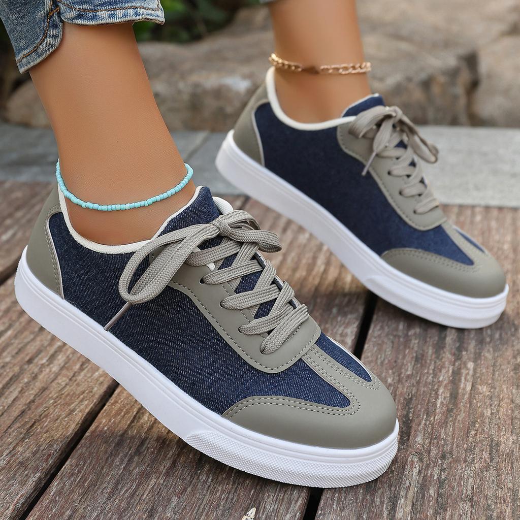 Casual Single Shoes Women's Large Size Round Head Lace-up Denim Splicing Sports Shoes Flat Bottom Shallow Mouth 24 New Women's Shoes
