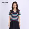 Женский полосатый трикотажный топ с V-образным вырезом и короткими рукавами от Anlom