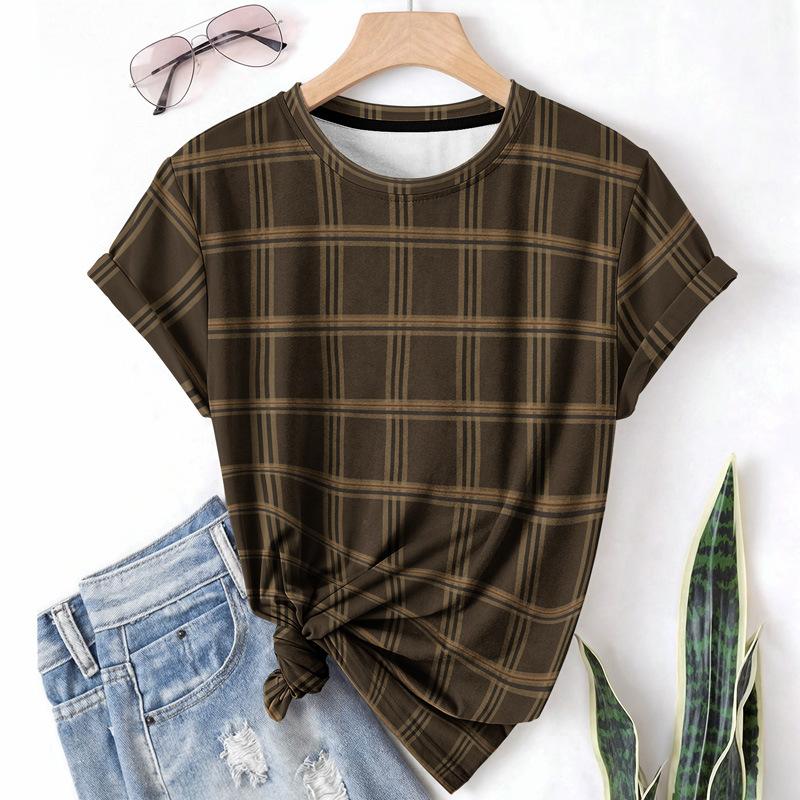 Striped Casual Sports Women's T-shirt Summer Round Neck Short Sleeved Element Pattern Checkered Loose Fit T-shirts