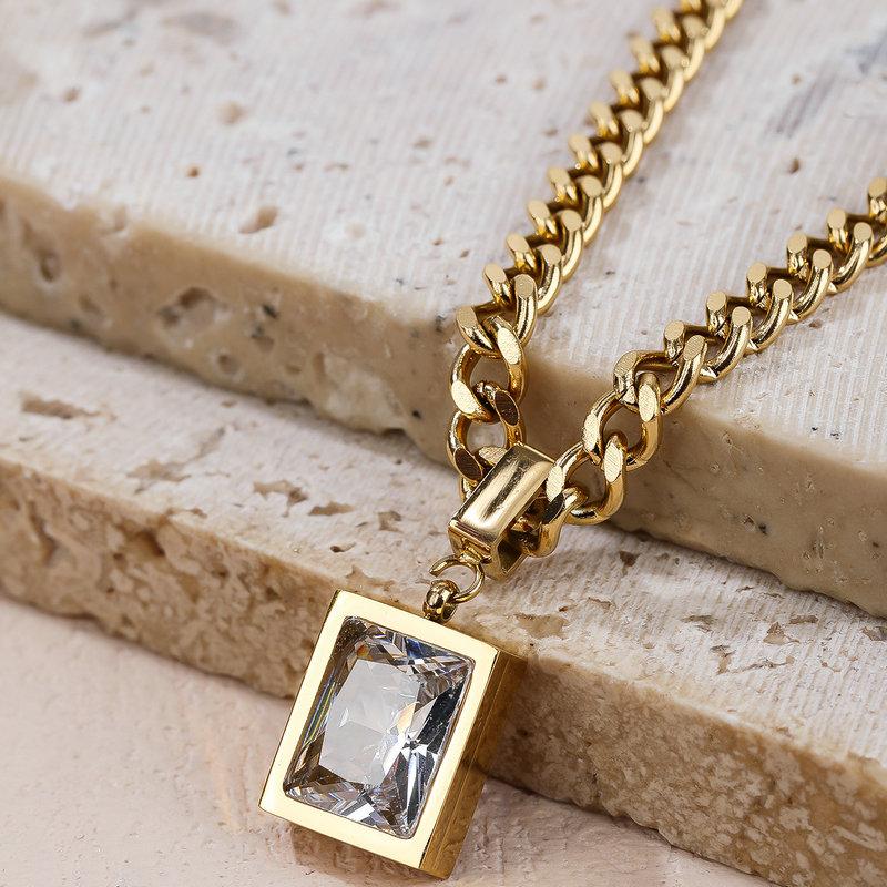 Vintage White Green Cubic Zirconia Choker Necklace Fashion 18k Gold Plated Stainless Steel Geometric Square Pendant Necklace