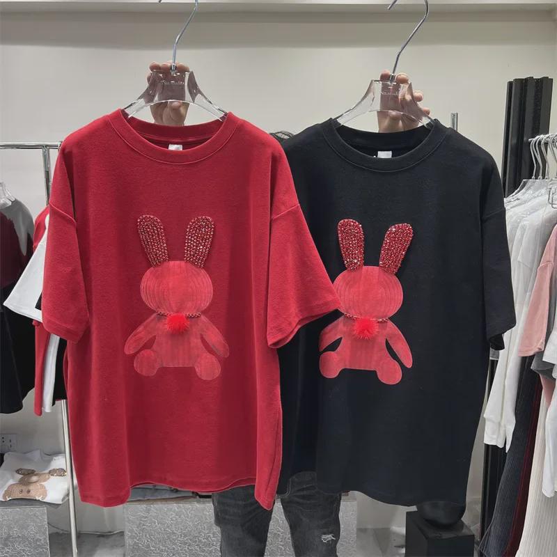 Футболка из хлопка с принтом мультяшного кролика - летняя женская свободная повседневная футболка с коротким рукавом