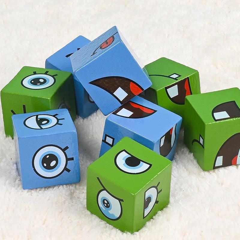 Emotion Expression Cube Face Change Wooden Puzzle Montessori Building Blocks Game for Kids Creative Learning Toy Gift Party Game