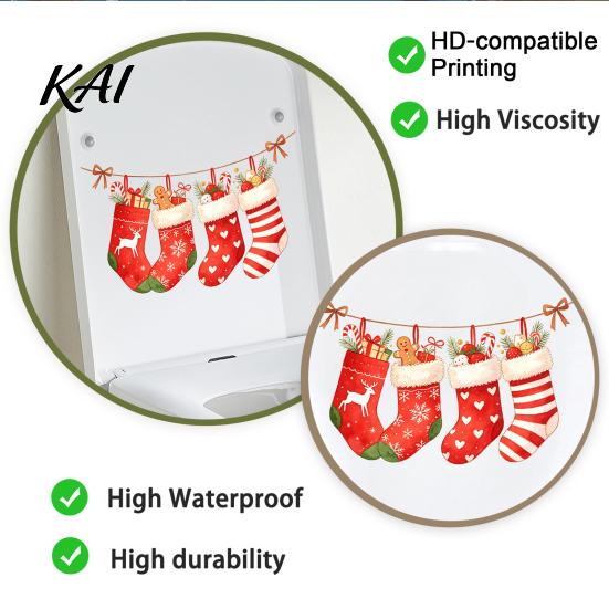 Holiday Home Interior Decorations Christmas Stocking Toilet Stickers, Waterproof PVC Bathroom Decals for Decorative Decoration, Red Watercolor