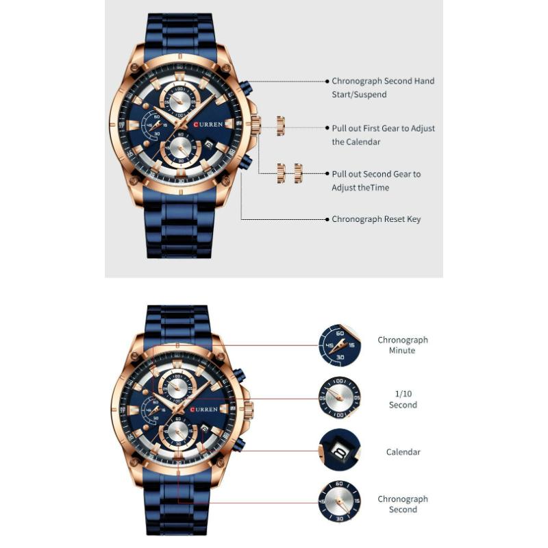 CURREN Men's Watch Analog Chronograph Waterproof Luminous Date Fashionable Design Stainless Steel Quartz Wrist Watch for Business