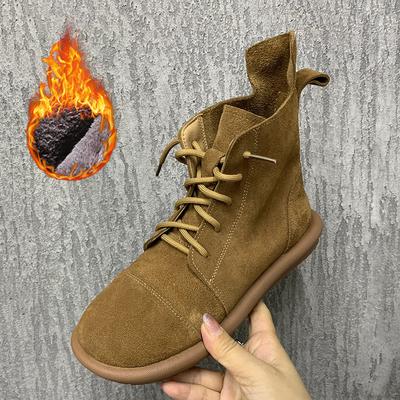 Кожаные женские ботинки на шнуровке, осенне-зимние ботильоны большого размера, повседневные ботинки на плоской подошве, нескользящие, теплые меховые зимние ботинки, плюшевая женская обувь