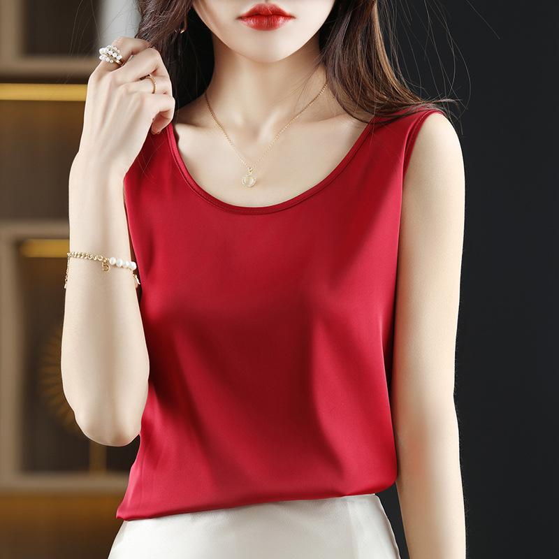 Satin Silk Vest Summer Women's Vest Pullover Short Top Sleeveless Vest Round Neck Solid Color Camisole