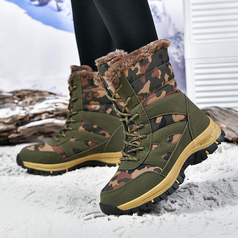 Army Green Camo High-Top Fleece-Lined Snow Boots for Men – Plus Size, Thick-Soled, Warm Winter Footwear