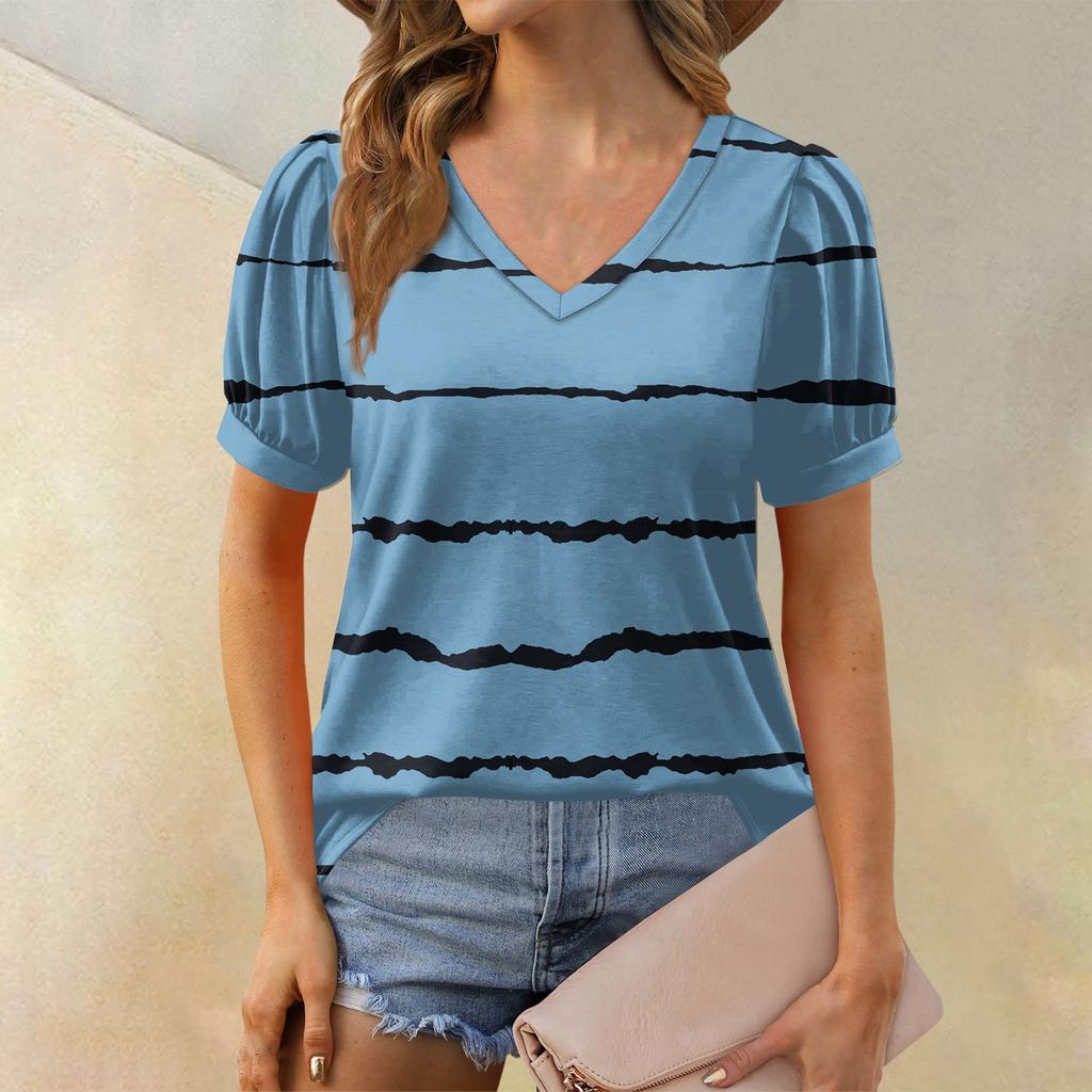 Women's Fashion Striped Printed Top Puff Short Sleeve V-neck T-shirt Loose Casual T-shirt