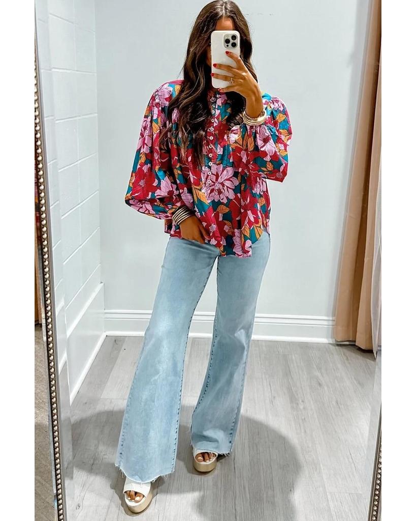 Azura Exchange Red Floral Printed Balloon Sleeve Half Buttons Blouse