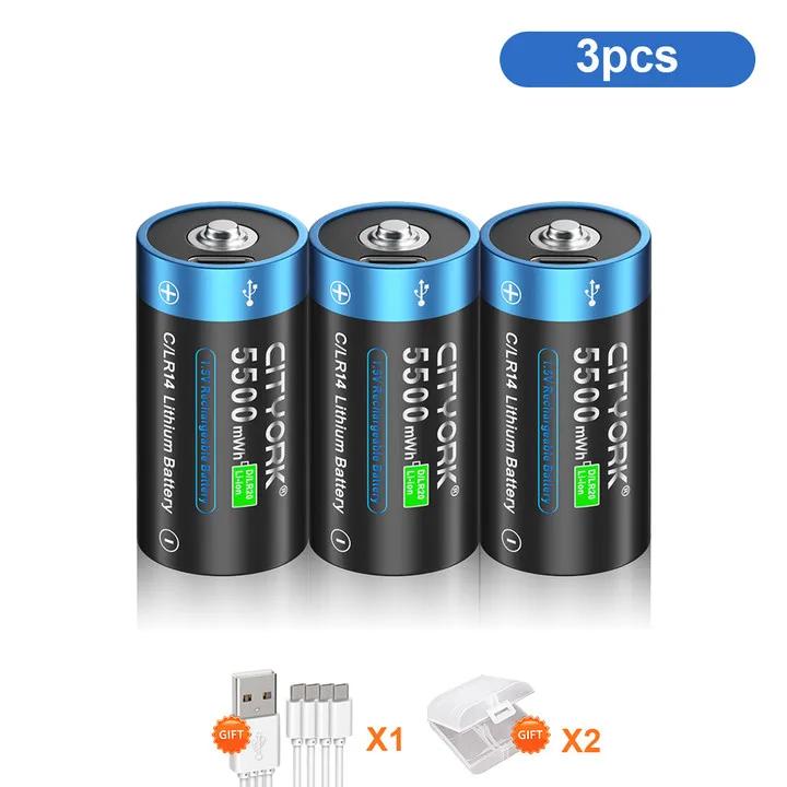 Cityork Перезаряжаемая батарея размера 1,5 VC, тип C, зарядка через USB, литий-ионная батарея R14 LR14 C для фонарика, газовой плиты