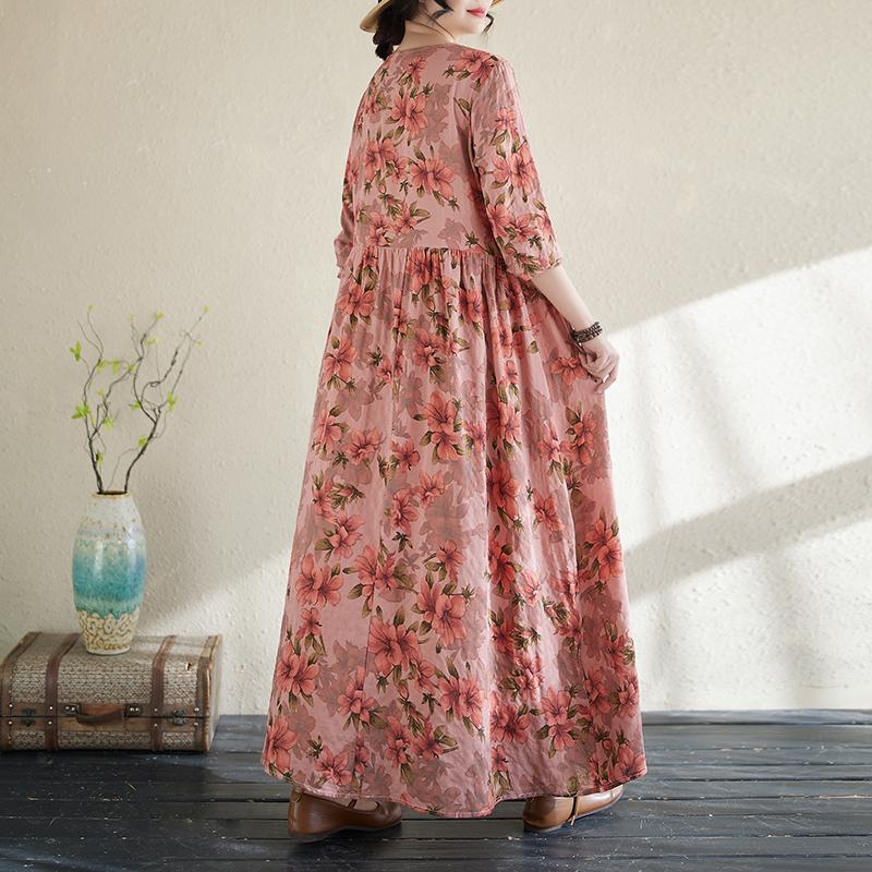 DIMANAF 2025 Women New Plus Size Spring Long Dress Long Sleeve Loose Casual Vintage Maxi Holiday Floral