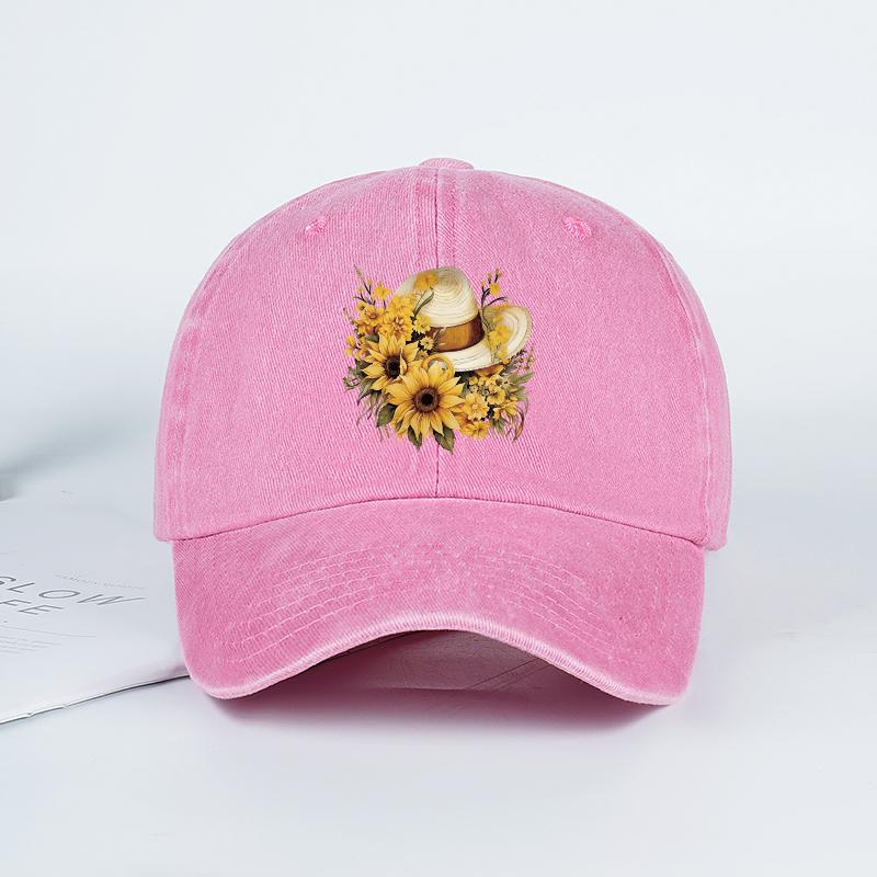 Sunflower Straw Hat Print Baseball Cap Men Women Vintage Washed Cotton Adjustable Dad Hat Summer Floral Sun Hat