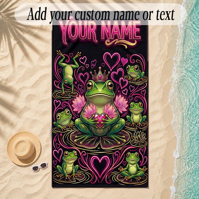 Frog Theme Soft Beach Towel Personalized Custom Name Text Towel Portable for Beach Pool Travel