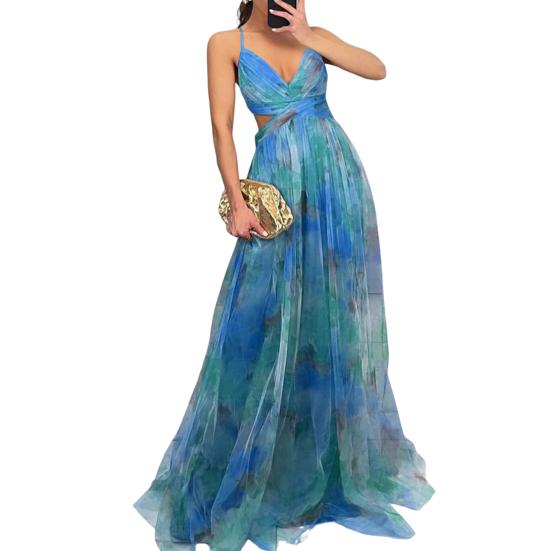 Women's Spaghetti Strap Maxi Dress Floral Boho Deep V-Neck Hollow Out Mesh Pleated Dress Summer Beach Party Swing Long Dress