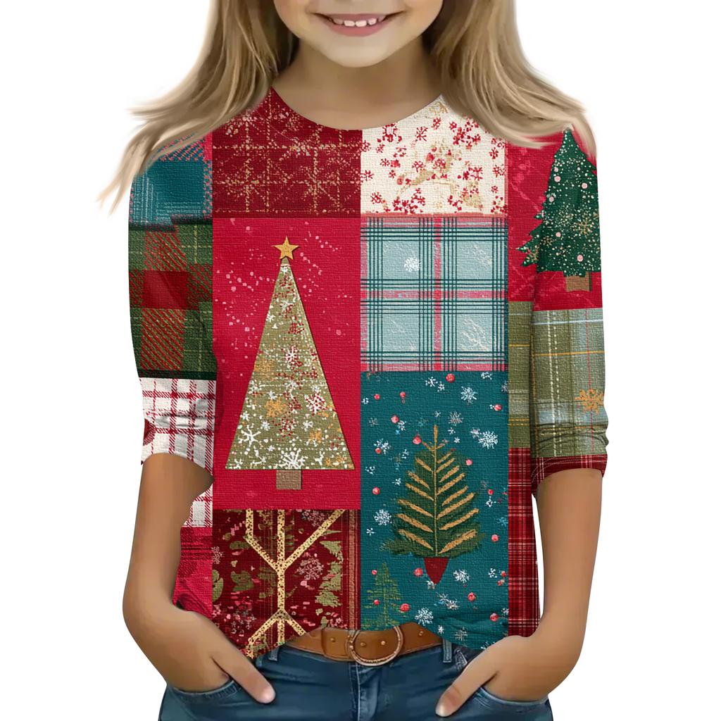 Children's 3/4 Sleeve Round Neck Top Christmas Tree Printed Everyday Casual Top