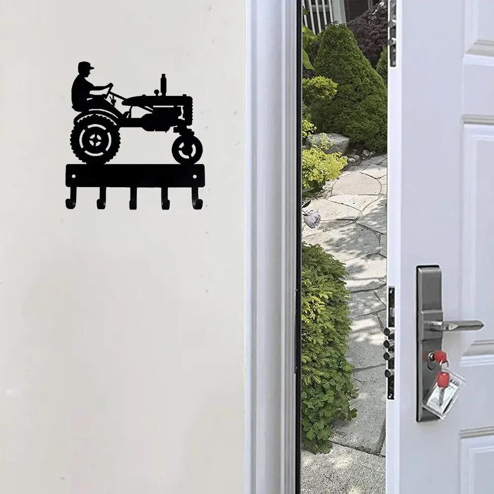 1pc Farm Tractor with Farmer Key Rack Hanger - 6 Inch Wide Metal Wall Art for Rustic Home Decor