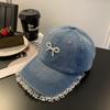 Кружевная джинсовая бейсболка женская большой обхват головы подчеркивающая лицо маленькая кепка трехмерная жемчужная шляпа с бантом