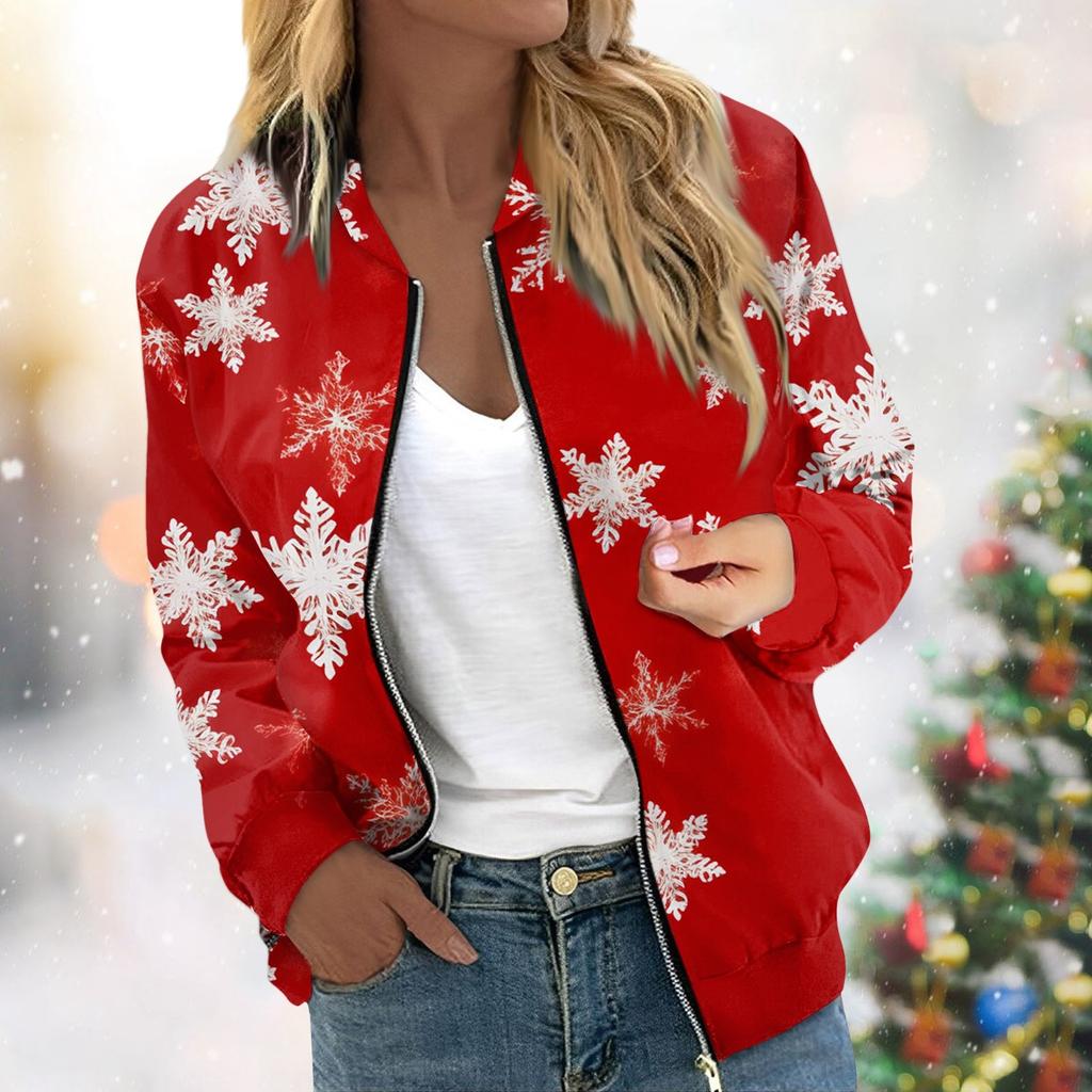 Женская легкая короткая куртка с длинными рукавами на молнии с принтом, повседневная стеганая куртка с карманами, рождественская