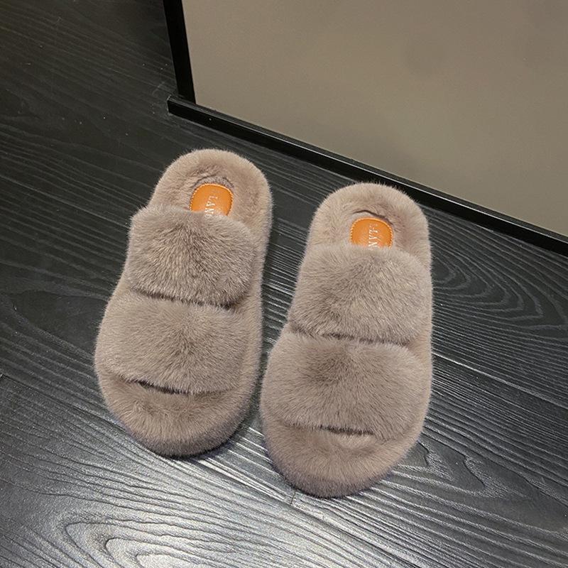 Новые высокие меховые тапочки 42 женские зимние уличные меховые мюли женские теплые шлепанцы женские на высокой платформе пушистые тапочки с открытым носком