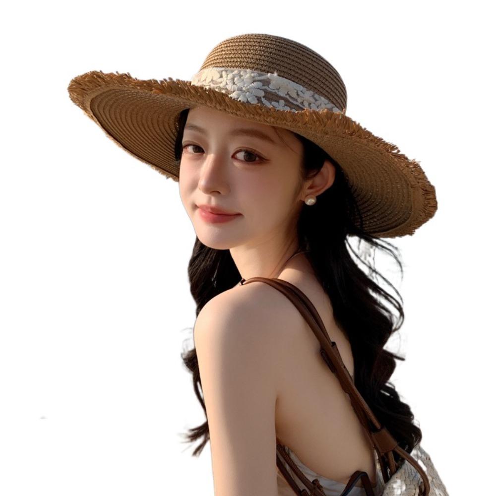 Breathable Wide Brim Sun Hat Large Brim Sunshade Cap Vacation Lace Bowknot Straw Hat  Woman