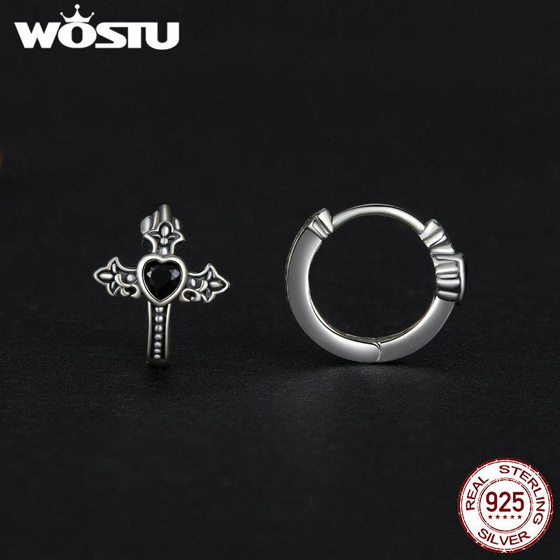 WOSTU Винтажные серьги-кольца из стерлингового серебра 925 пробы с черным цирконием, женские серьги-кольца в стиле ретро, в стиле панк, с пряжкой в виде креста, хип-хоп, ювелирные изделия, счастливый подарок