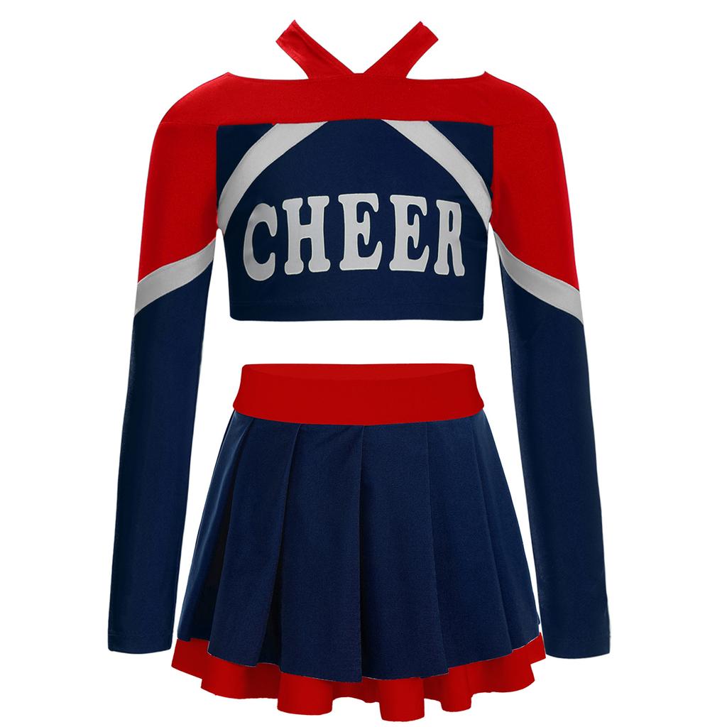 Girls Cheerleading Outfit Long Sleeve Letter Print Color Block Crop Top Pleated Skirt Set