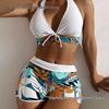 2025 Women's Fashion Halter Deep V Tie-Up Two-Piece Swimsuit Set with Printed Shorts