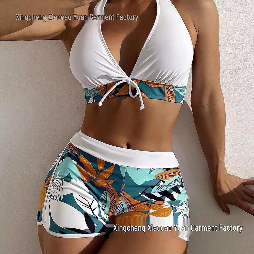 2025 Women's Fashion Halter Deep V Tie-Up Two-Piece Swimsuit Set with Printed Shorts