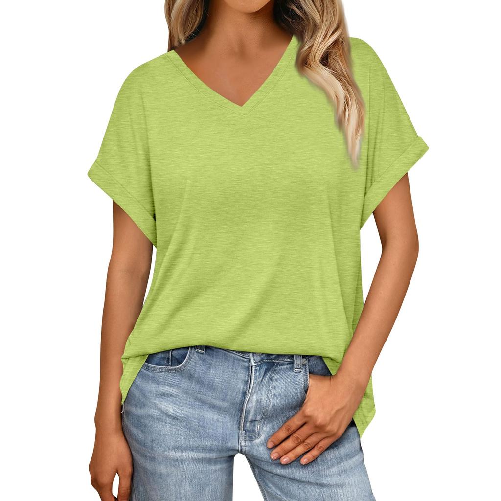 Women's Summer Fashion Solid Color V-Neck Loose Short Sleeve T-Shirt Top