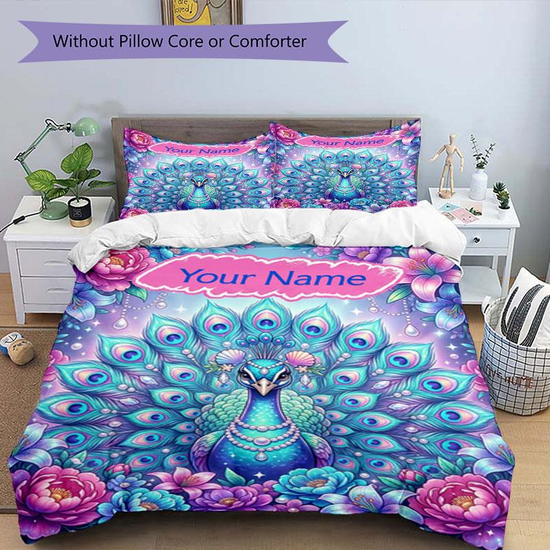 3PC Custom Name Peacock Floral Fantasy bedding,soft and breathable,2D flat print,room decor.,Poster Three-piece set,Soccer Three-piece set,Art,Poster,