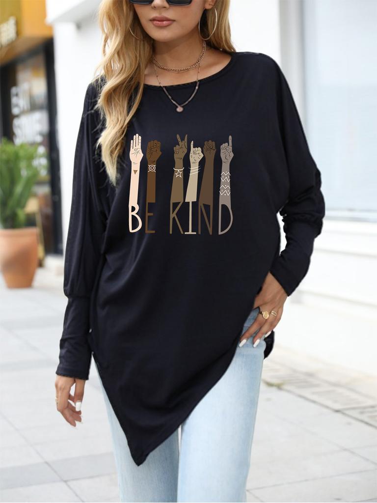 Women's Oversize Long-Sleeve Spring/Fall Asymmetrical Hem T-Shirt Fashion Printed Logn Sleeve Top