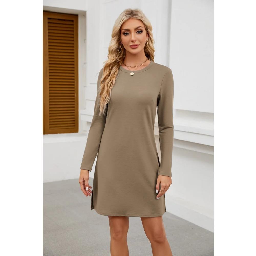 Женская толстовка с круглым вырезом и разрезом по низу, повседневное платье с длинными рукавами