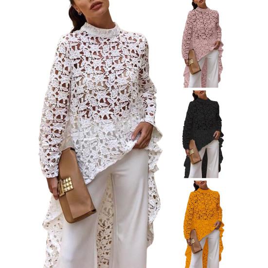 Женский длинный топ с вырезом, нерегулярное вязание крючком, кружево, цветочное лоскутное шитье, прозрачный, короткий спереди