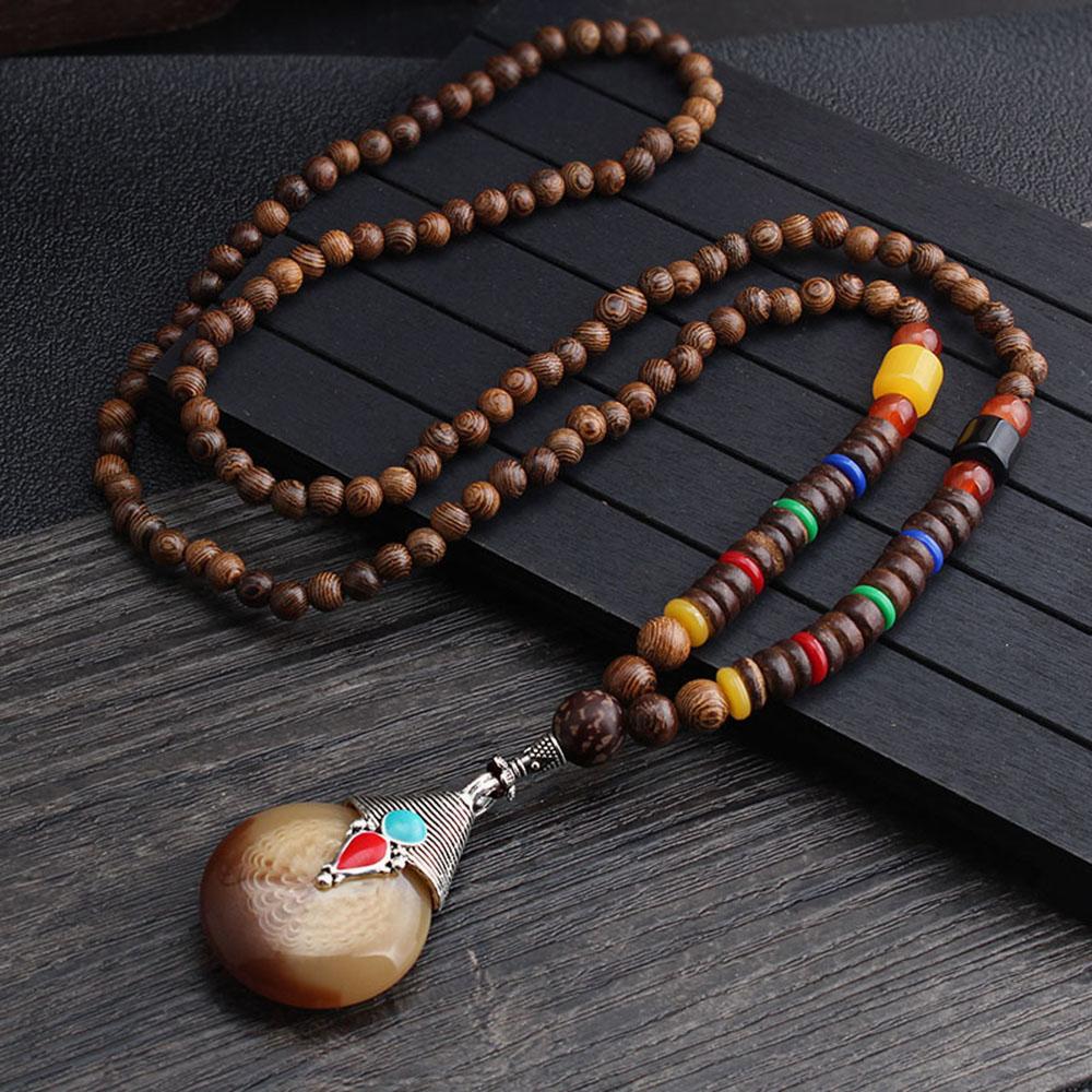 Men Handmade Nepal Horn Mala Buddhist Pendant Wood Beads Necklace Long Necklace