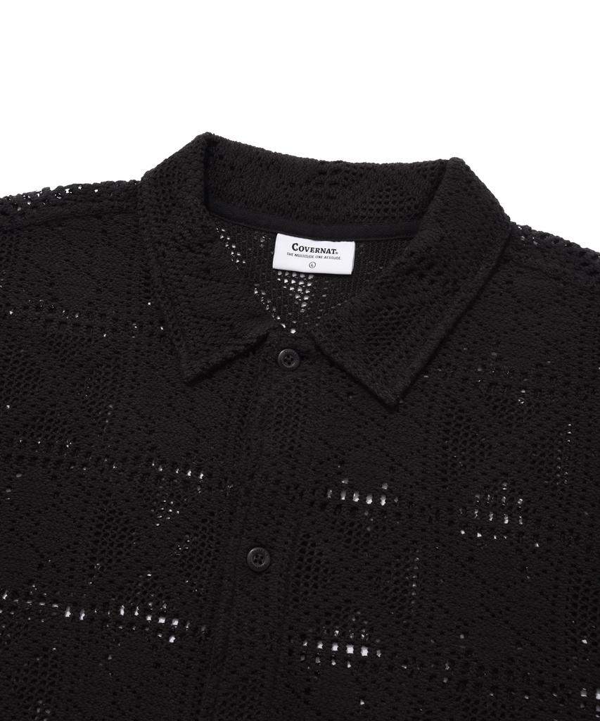 COVERNAT Crochet Open Collar Half Shirt Black