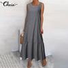 Spring Summer Women's Fashion Striped Cotton Tank Maxi Dress A Line Sleeveless O Neck Pleated Casual Loose Long Dresses Plus Size Kleid