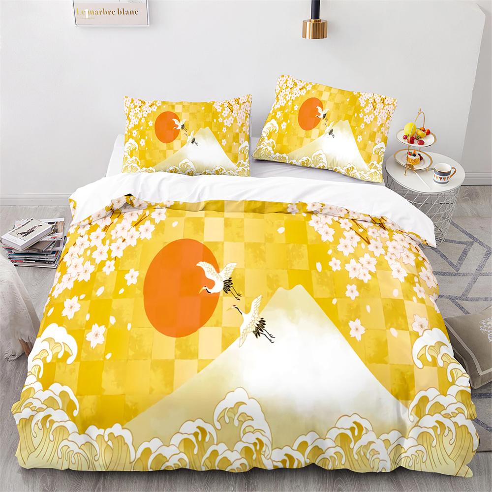 Комплект постельного белья в японском стиле Ukiyo-e из полиэстера с изображением цветущей вишни и снежных гор, пододеяльник King Queen Full Size