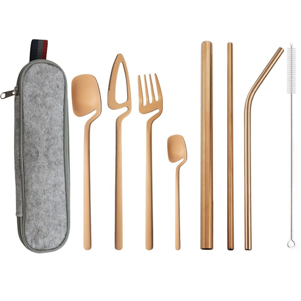 Золотой портативный набор столовой посуды, уникальный дизайн, многоразовые туристические столовые приборы для кемпинга, набор столовых приборов с прямой соломинкой 215/12/6
