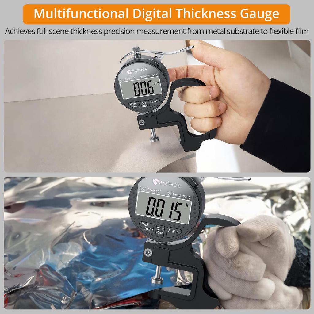 Neoteck Digital Thickness Aluminum Alloy Measurement Large LCD Thickness Gauge Gauge, Construction, 0.01mm Accuracy, 0-12.7mm Range, Display,