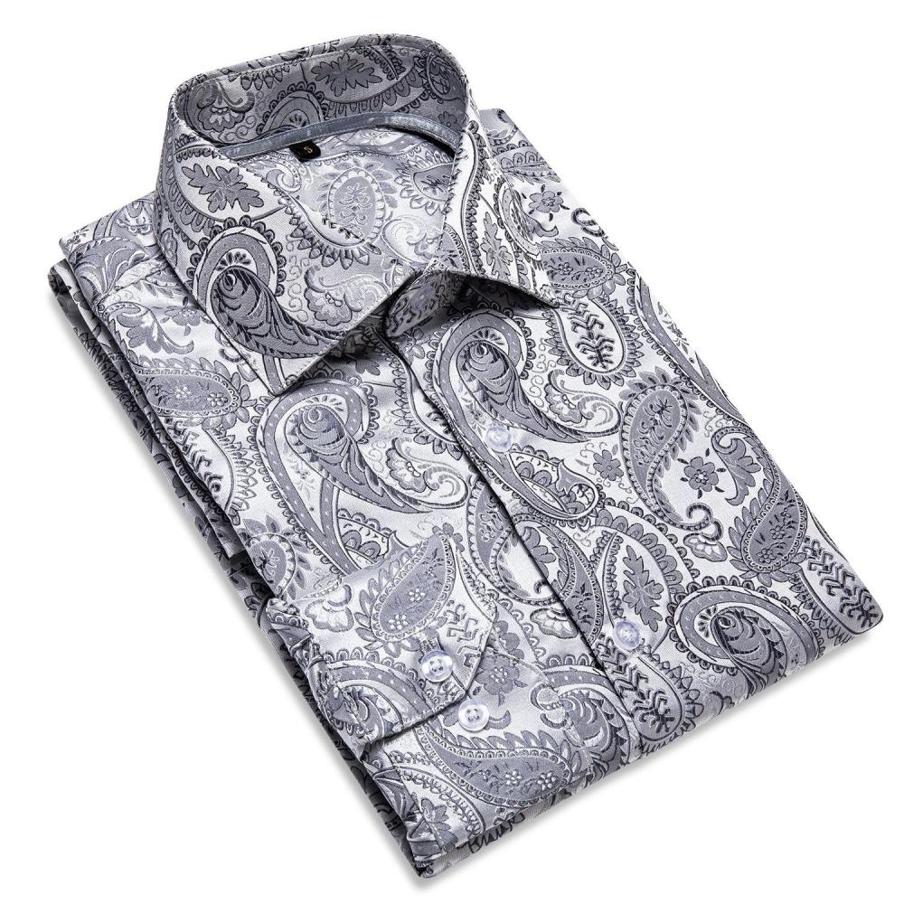 Mens Long Sleeve Shirt Black Design Casual Shirt Silk Paisley Shirt Collar Pin Luxury Mens Fashion