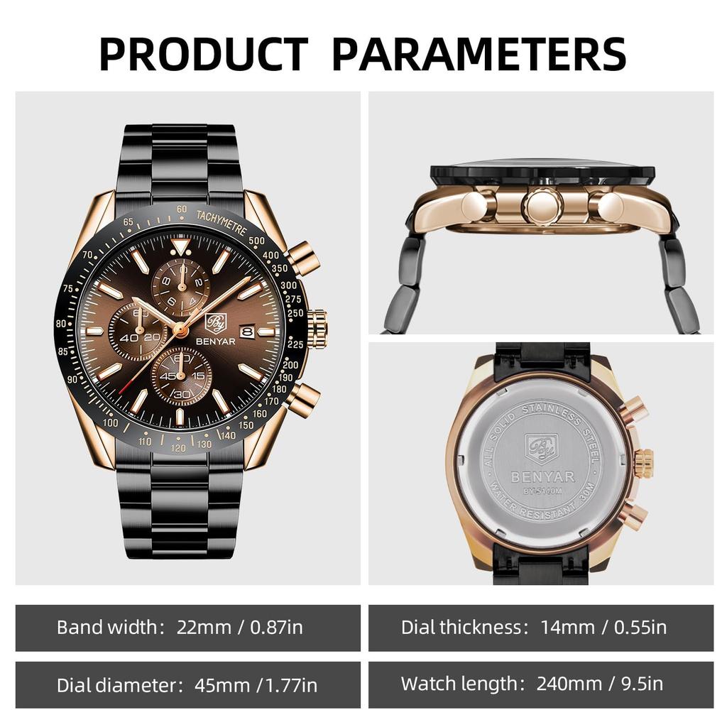 BY BENYAR Chronograph Analog 30M Water Leather Strap Quartz Perfect Gift for Men Men's Watch, Resistant, Simple, Stylish, Popular, Formal, Movement,