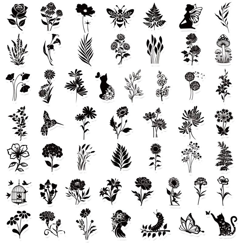 50PCS Kawaii Black Plant PVC Sticky Sticker Aesthetic DIY Decoration Scrapbooking Hand Accounting Supplies for Kids